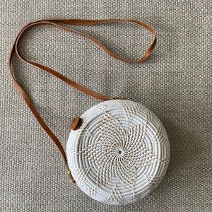 White and leather rattan woven straw crossbody circle purse
